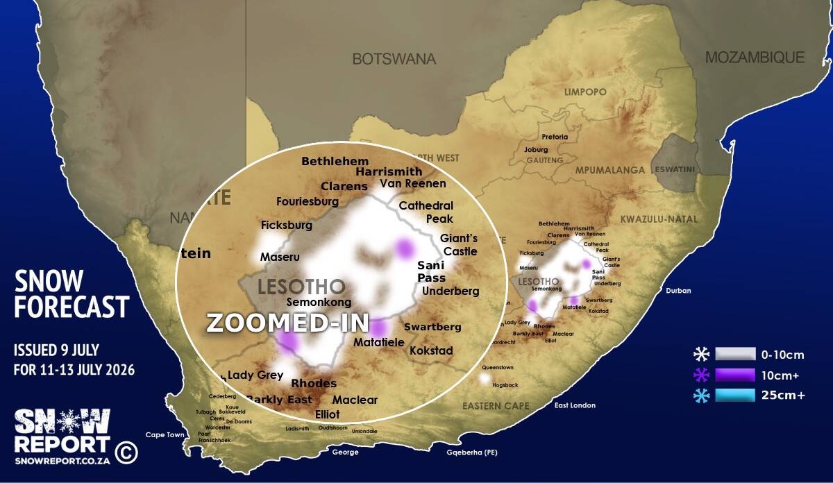 Snow forecast map for 9 July 2026