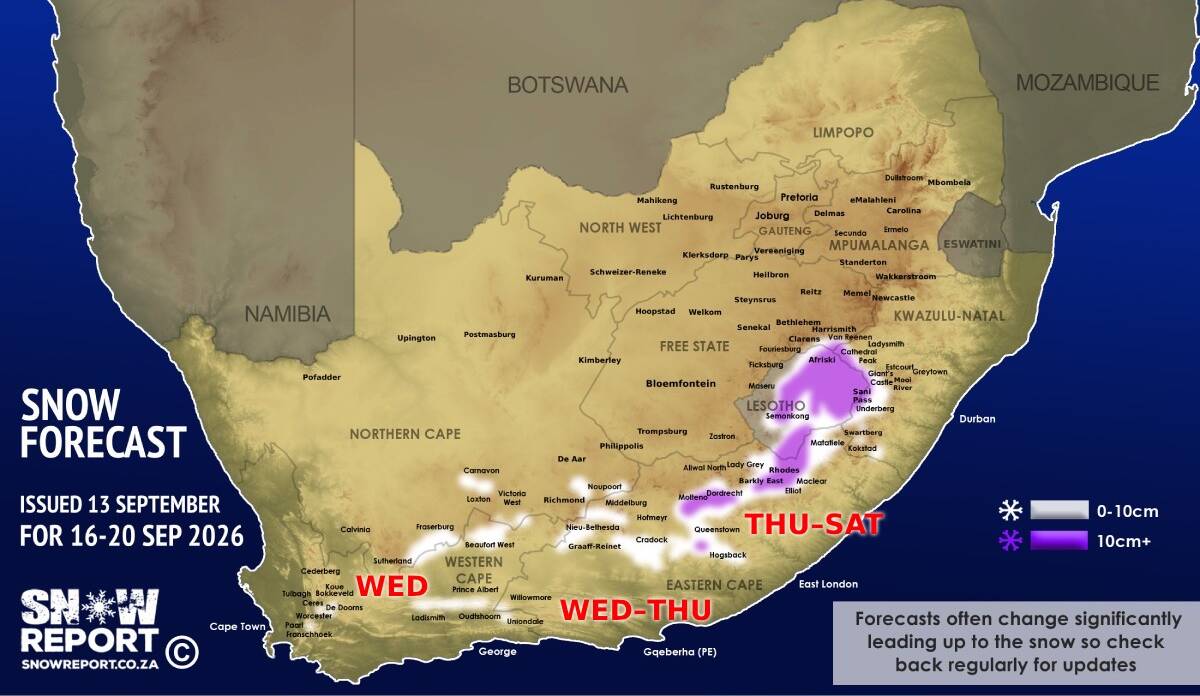 Snow forecast map for 13 September 2026