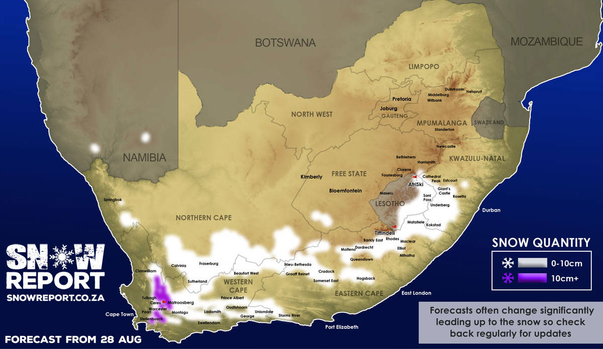 Snow forecast map for 28 August 2020