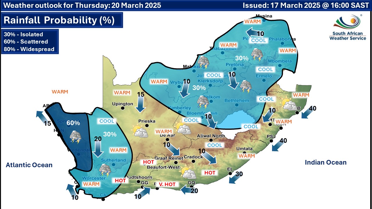 A possibility of rainfall across most parts of South Africa on Monday