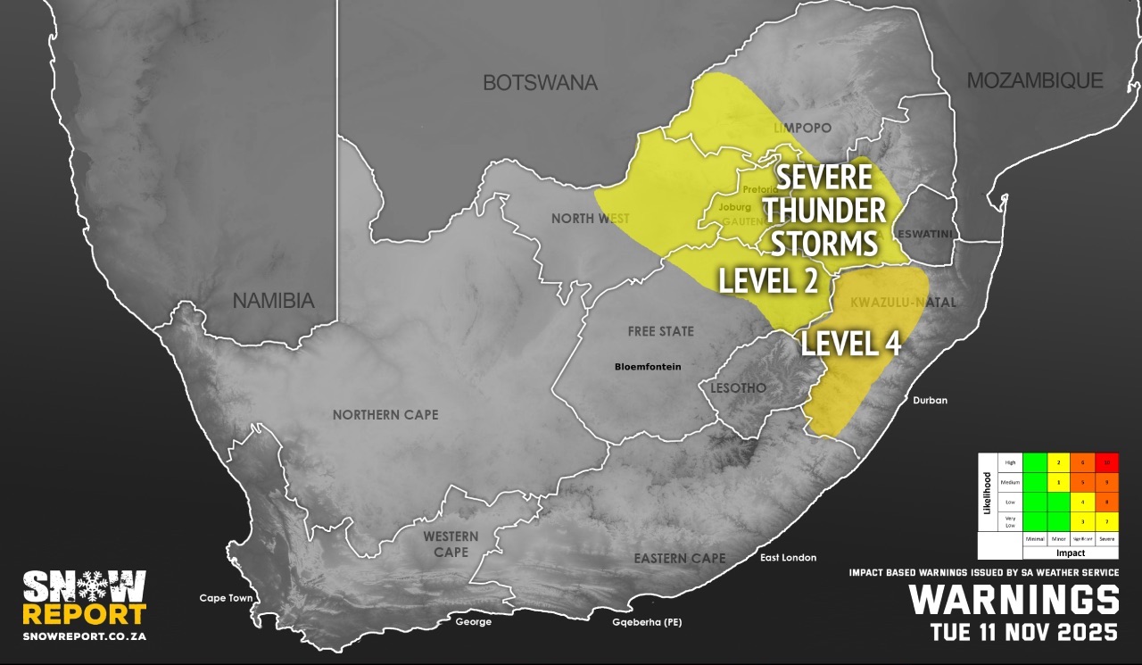 Tuesday weather – thunderstorm warnings including level 4 warning for KZN